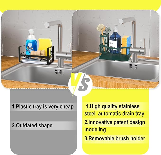 Fssvcd Maifan Sink Caddy Sponge Holder for Kitchen with Brush Holder and Stainless Steel Self Drain Tray, Rustproof Kitchen Sink Organizer for Sponge, Soap Dispenser Storage Accessories Dark Green