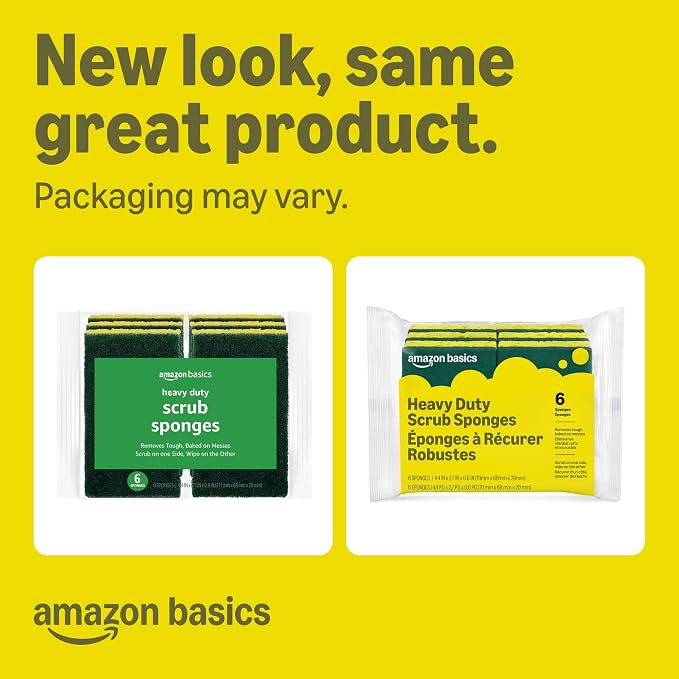 Amazon Basics Heavy Duty Dual-Sided Scrub Sponges, Reusable, 4.4 x 2.7 x 0.8 in, Yellow/Green, (Pack of 12)