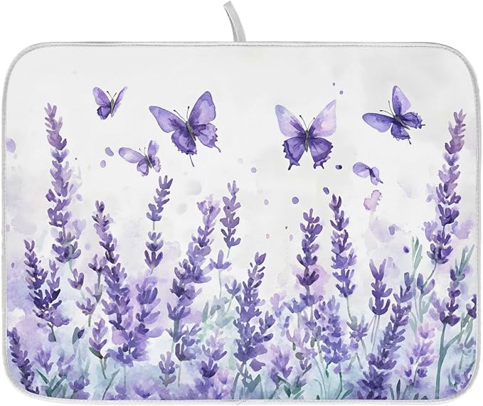 Purple Lavender Spring Summer Flower Floral Dish Drying Mat for Kitchen Counter Absorbent Microfiber Large Drying Pad Dish Mats for Kitchen Countertops 18 x 24 Inch