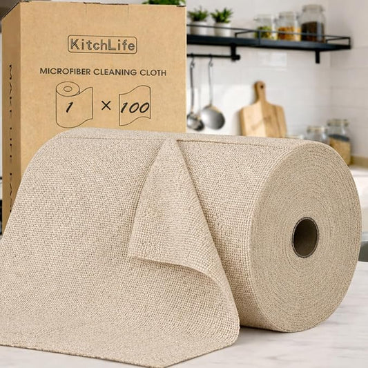 KitchLife Microfiber Cleaning Cloth Roll, 100 Pack - Tear-Away Microfiber Paper Towels, Lint-Free, Reusable, Washable for Kitchen, Car, Dishes, and Sensitive Surfaces (Sand Beige)