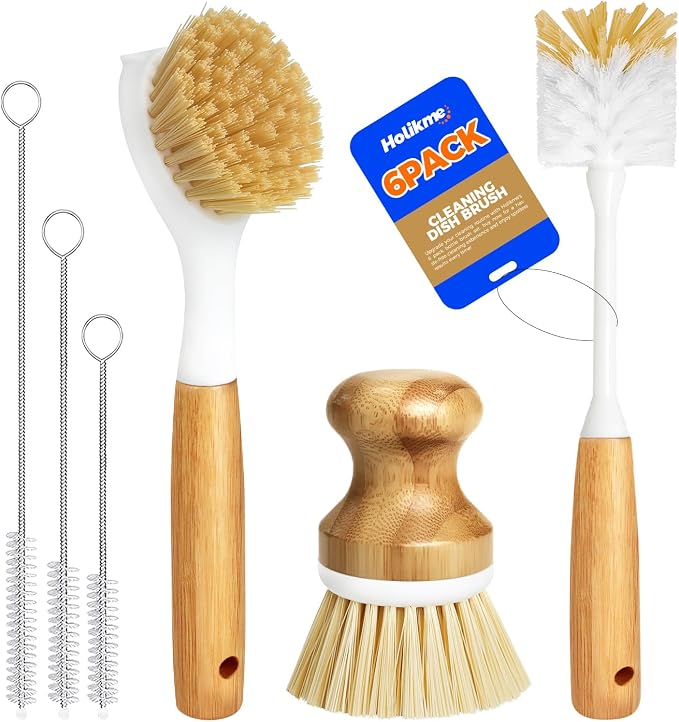 Holikme 6 Pack Dish Brush Scouring Pad Set with Bottle Brush, Dish Brush, Palm Scrub Brush and Straw Brush, Dish Scrubber Long Handle for Dish Bottle Cup Pot Pan Iron Abrasive Cup Brushes, Yellow