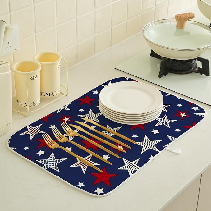 4th of July Dish Drying Mat 18x24 Inch Navy Blue Red Stars Patriotic Decor Drying Mat Independence Day Memorial Day Absorbent Dish Drying Pad Dish Rack Drainer Mats for Kitchen Dining Counter