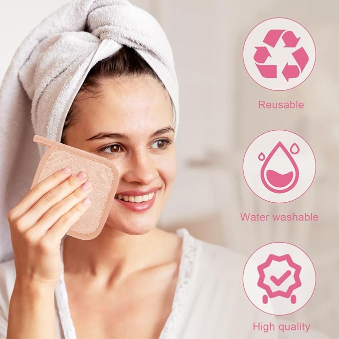 Puomue Makeup Remover Cloth 12 Pack, Ultra Soft and Reusable Microfiber Makeup Remover Towels for All Skin Types, Perfect Face Towels for Women, 6 Inch X 6 Inch, Pink