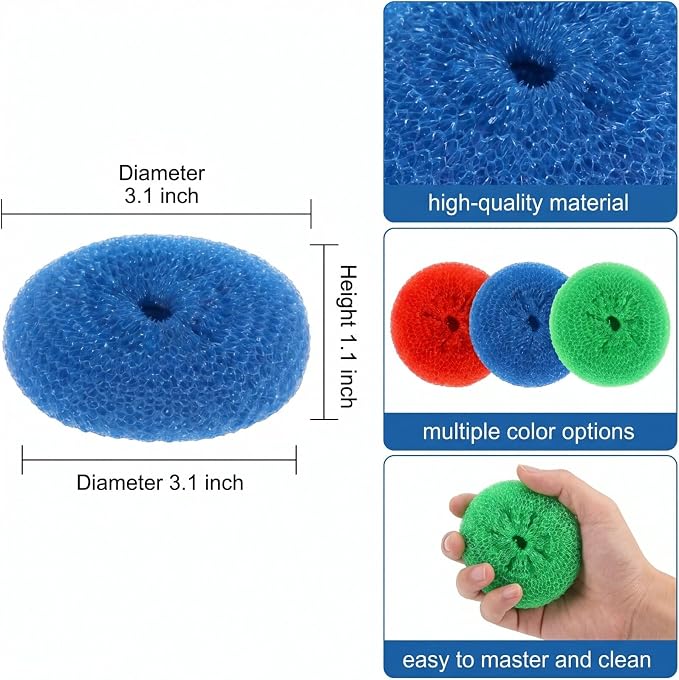 Blulu 15 Pcs Plastic Dish Scrubbers for Dishes Pot Round Nylon Pad, Mesh Scouring Non Scratch Pads (Rainbow Colors)