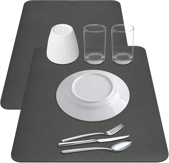 2-Pack Coffee Bar Mats Set for Countertop, 12" x 19” Super Absorbent Dish Drying Mat, Kitchen Counter Mat Fits Under Coffee Maker or Machine, Dark Gray Kitchen Decor for Dish Drying Rack