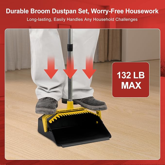 Broom and Dustpan Set for Home, 51" Long Handle Standing Pan Black Yellow | Self-Cleaning Dust Pan and Brooms, ZeroGap Lip, Upright Storage Broom Combo for Kitchen Lobby Office Restaurant Indoor