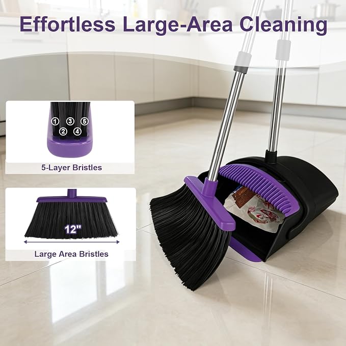 Broom and Dustpan Set, Upright Purple Broom with Dustpan Combo Set 51" Long Handle, Self Cleaning Dust Pan for Home, Kitchen and Office