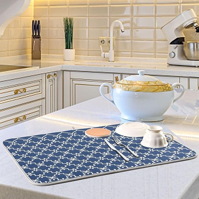 Super Absorbent Dish Drying Mat Microfiber Fast-Drying Dish Mat 24" x 18" Kitchen Dish Drying Pad Watercolor Cute Navy Blue Moroccan Mandala