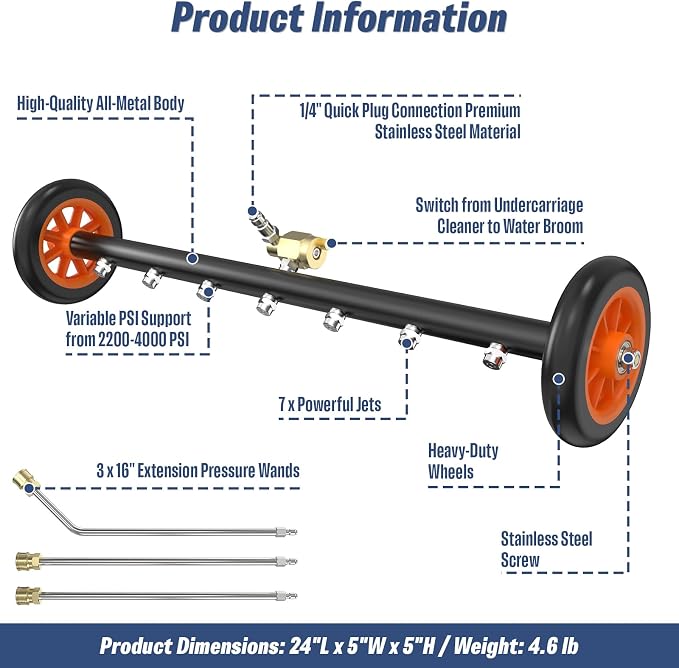 24" Undercarriage Pressure Washer Attachment, Water Broom | Under Carriage Car Cleaner, Electric Power Wash Accessories with 3 Pieces Extension Wand, 1/4" Connector, 4000 PSI, Black