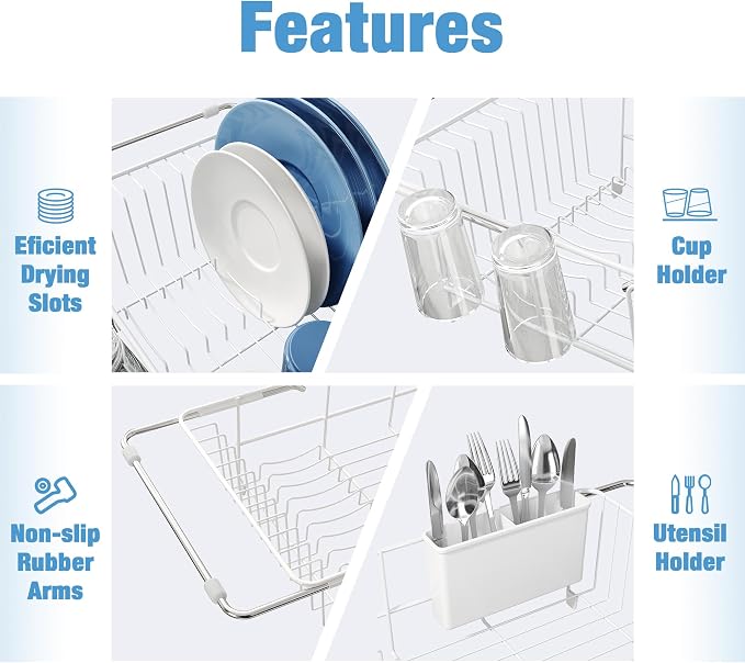 JASIWAY Dish Drying Rack in Sink, Expandable Stainless Steel Dish Drainers with Drainboard for Kitchen Counter, Space Saving Dish Dryer Rack, Over The Sink Dish Racks with Utensil Holder & Cups Holder