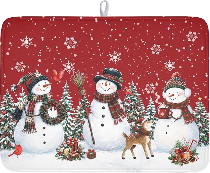 Christmas Snowman Dish Drying Mat for Kitchen Counter 18x24 Inch | Red Xmas Theme Trees Snowflake Pattern Dish Drainer Mat Rustic Winter Holiday Absorbent Washable Drying Pad