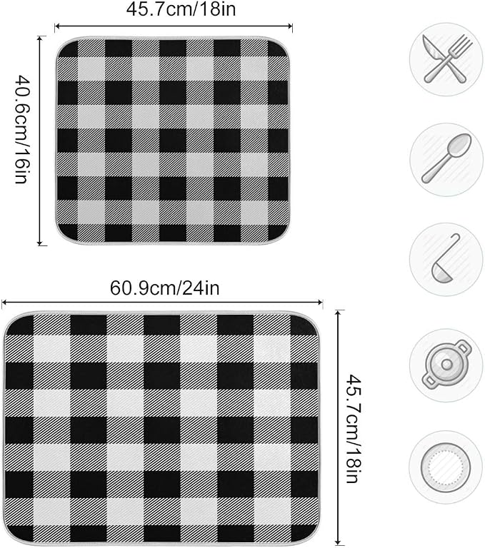 White and Black Buffalo Plaid Dish Drying Mat 18x24 for Kitchen Classic Buffalo Check Dishes Pad Dish Drainer Rack Mats Absorbent Fast Dry Kitchen Accessories