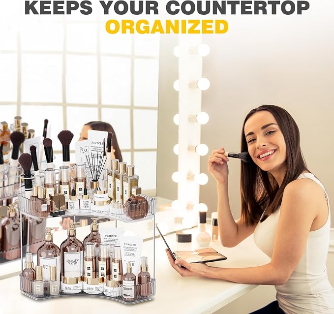 Asayuee 2-Tier Corner Bathroom Counter Organizer with Top Toothbrush Holders,Large Makeup Organizer Countertop with Brush Holder,Skincare Organizers Corner,Exquisite Vanity Organizer(Clear, 2 Tier)