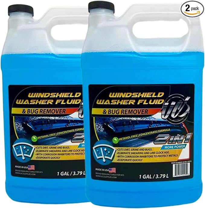 UCS 2-in-1 Windshield Washer Fluid 2-Pack (1 Gallon Each, 256 fl oz Total) – Ready to Use, Streak-Free Formula, All-Weather Cleaning, Removes Bugs, Dirt & Road Grime – Premium Windshield Cleaner