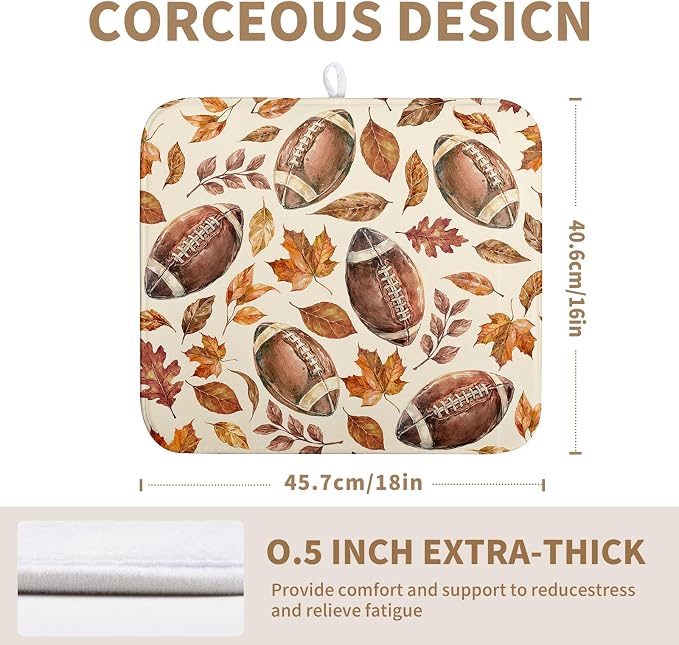 Burnt Orange Football Maple Leaves Fall Dish Drying Mat for Kitchen Counter Autumn Thanksgiving Dish Drying Pad Seasonal Harvest Holiday Absorbent Microfiber Dishes Drainer Mats 16x18 Inch