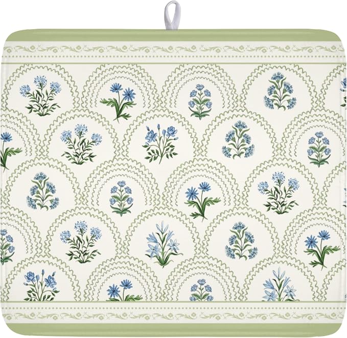Blue Floral Print Green Stripe Dish Drying Mat 16 x 18 Inch | Rustic，Polyester，Absorbent Microfiber，for Kitchen Coffee Dining Bar Decor
