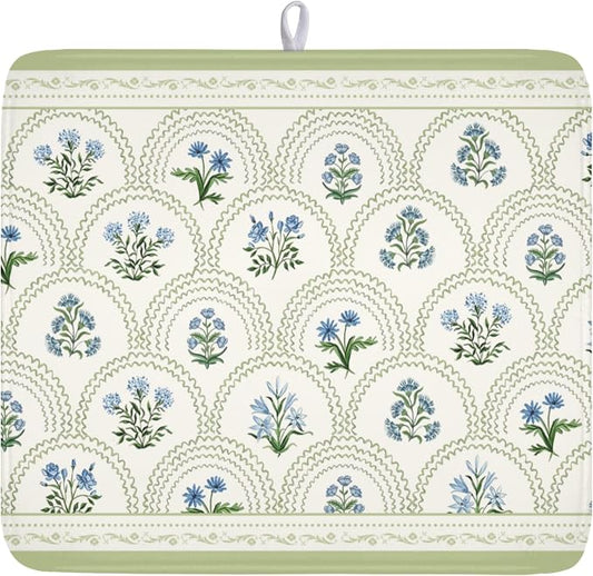 Blue Floral Print Green Stripe Dish Drying Mat 16 x 18 Inch | Rustic，Polyester，Absorbent Microfiber，for Kitchen Coffee Dining Bar Decor