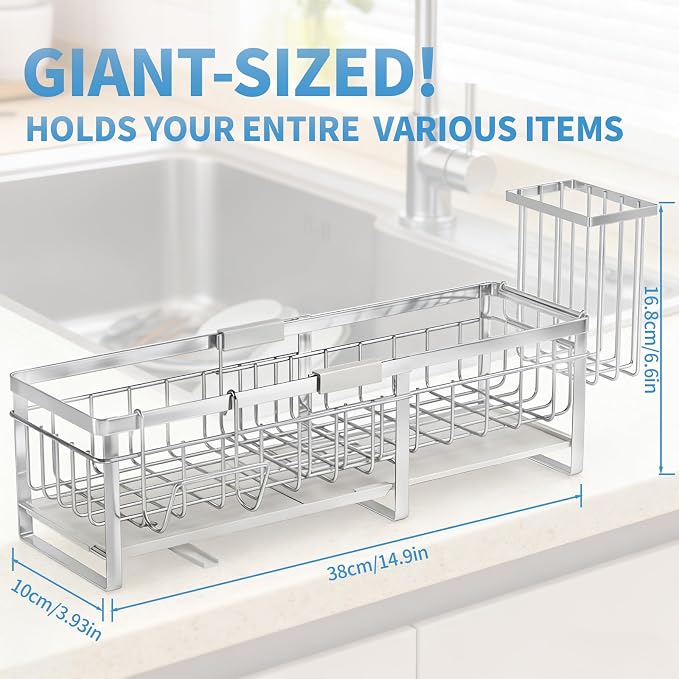 Aurblozen Extra Large Extendable Sponge Holder for Kitchen Sink, Rustproof Sink Caddy Organizer with High Brush Holder, Dish Soap Dispenser Organizers and Storage (Stainless Steel)