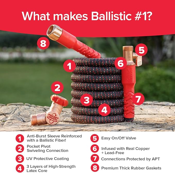 Pocket Hose Ballistic 100 FT Expandable Garden Hose, No-Kink, As Seen on TV | Anti-burst sleeve reinforced with bulletproof fiber, 360° swiveling pocket pivot connector, lightweight compact design