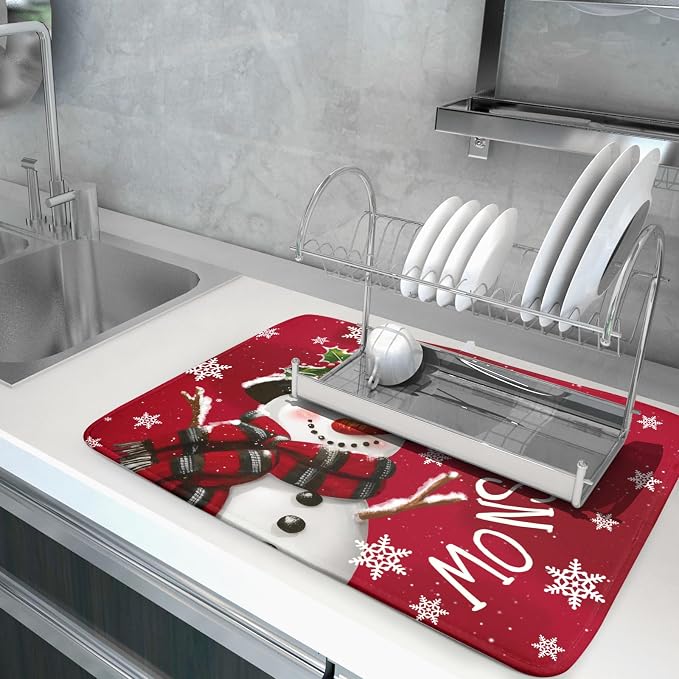 Winter Snowman Dish Drying Mat for Kitchen Counter 18x24 Inch Christmas Dish Draining Mat Xmas Snowflakes Decorations Fast Absorbent Tableware Cardinal Birld Dishes Pad for Coffee Bar Countertop