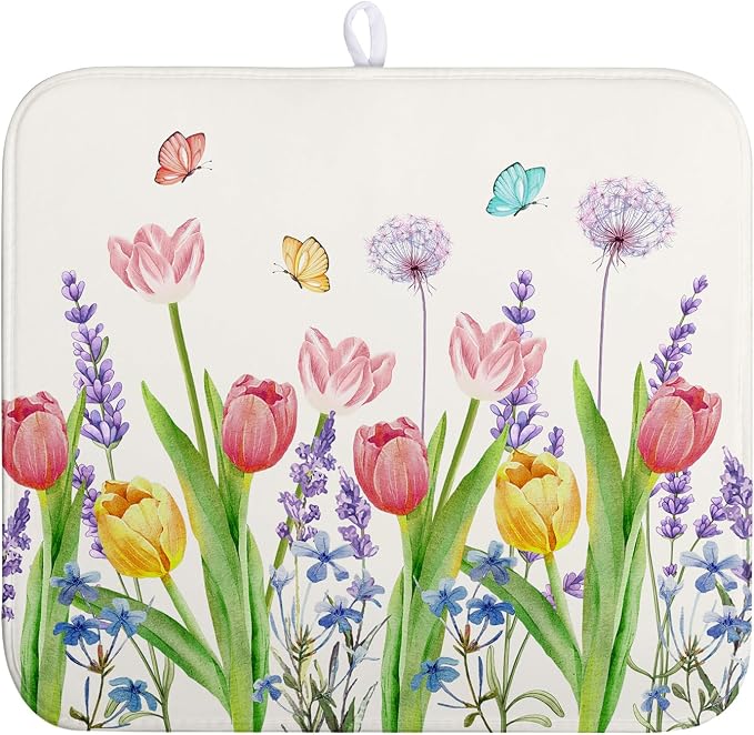 Spring Floral Dish Drying Mat Tulip Lavender Flower Dishes Pad Absorbent Microfiber Dish Draining Mat Washable Medium Dish Drainer Rack Mats for Kitchen Counter 16"x18"
