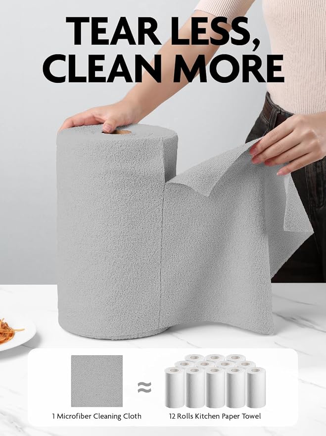 Fantasticlean Microfiber Cleaning Cloth Rolls- 150 Sheets (2 Rolls of Grey) | 12'' by 12'', Super Absorbent, Lint-free, Tear-away Microfiber Towel Roll, for All-Purpose Cleaning