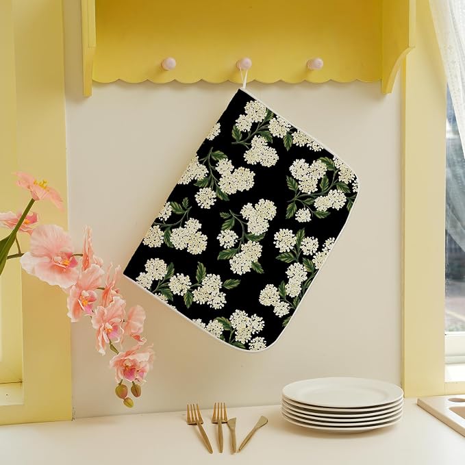 Black Hydrangea Dish Drying Mats 18x24 Inch Mats Spring Beige Green Floral Drying Mats Summer Vintage Flower Seasonal Absorbent Drying Dish Pad for Kitchen Dining Room Counter Decorations