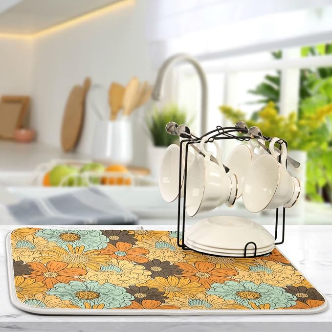 Super Absorbent Dish Drying Mat, Microfiber Fast-Drying Dish Mat, 16" x 18", Kitchen Dish Drying Pad, Retro Flower Daisy