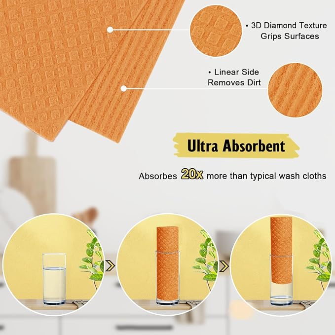 MoLKENE Swedish Dishcloths for Kitchen | 6 Pack Absorbent Cellulose Sponge Cloths Washable | Non-Scratch Reusable Paper Towels Quick Drying Cleaning Cloths - Orange