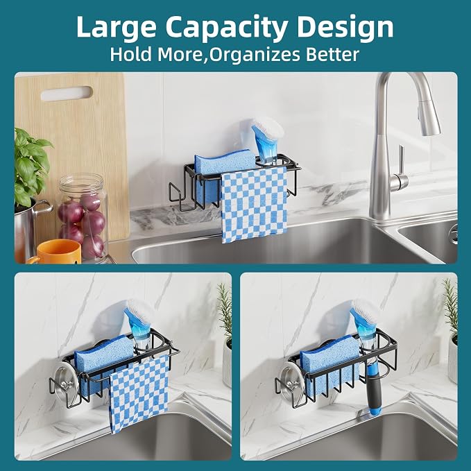 TAILI 4-in-1 Sink Caddy with Strong Suction Cup, Sponge Holder for Kitchen Sink Organizer, Removable, Rustproof, Stainless Steel Holder for Sponge, Brush, Scrubber, Scraper - Black