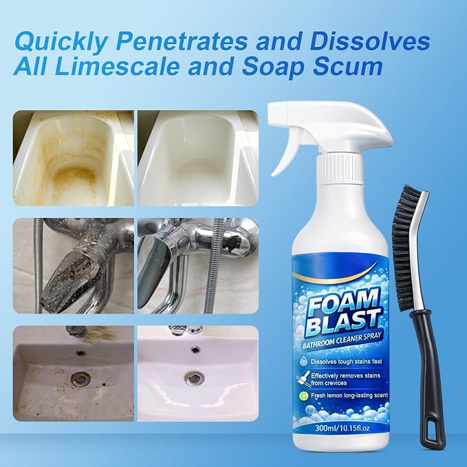 Bathroom Foam Cleaner Spray 10.15oz, Removes Soap Scum | Hard Water Stains & Dirt, Lemon Scent, Shower Cleaner for Shower Tile Toilets Tub & Sink Included Crevice Brush