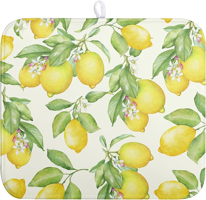 Lemon Kitchen Dish Drying Mat 16×18 Inch Summer Yellow Green Lemon Drying Mat Watercolor Microfiber Dish Drainer Rack Mat Washable Absorbent Dish Pad
