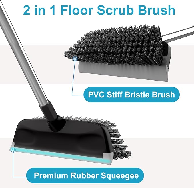 ITTAR Floor Scrub Brush with 55" Long Handle, 10" Wide Stiff Bristles Deck Brush, Stainsless Steel Pole Heavy-Duty Cleaning Brush, 2-in-1 Scrubber with Ruber Squeegee for Deck, Patio, Pool, Tile, Wall