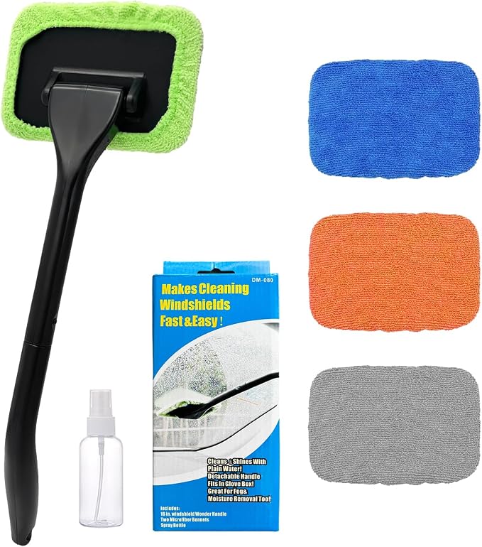 Ohleats Car Windshield Cleaning Tool, Microfiber Window Cleaner with 4 Washable and Reusable Cloth Pad & Long Handle, Auto Glass Wiper Cleaning Kit with Spray Bottle, Car Accessories
