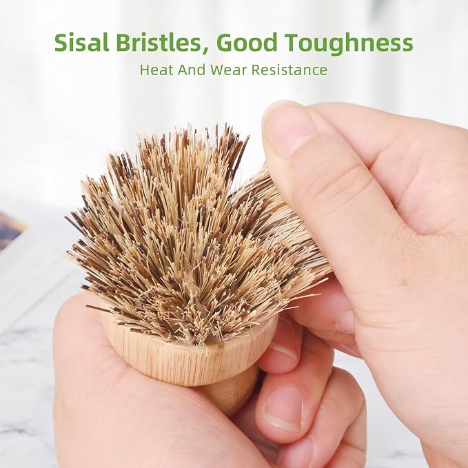 6 Packs Bamboo Dish Scrubber - Hard Bristle Natural Bristle Brush Union Fiber and Tampico Fiber Bamboo Dish Brush for Washing Cast Iron Pan/Pot