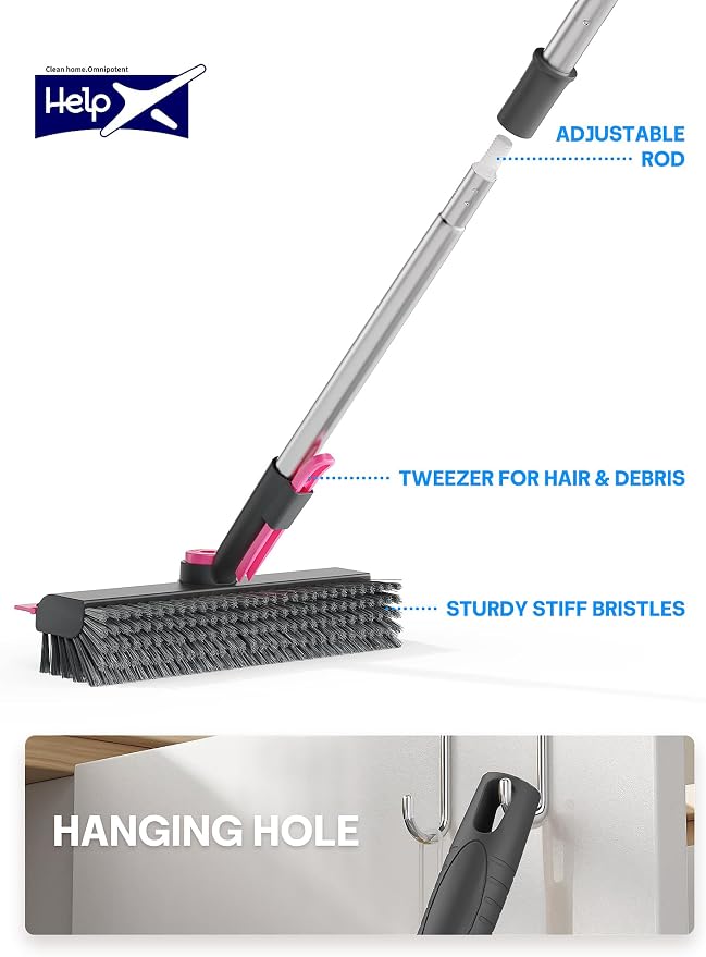 3 in 1 Floor Scrub Brush with Long Handle, Deck Brush with Squeegee | Stiff Dual-side Bristle, 360° Swivel Head with Tweezer, for Tile Wall Deck Bathroom Patio Garage Pool Kitchen (Pink and Gray)