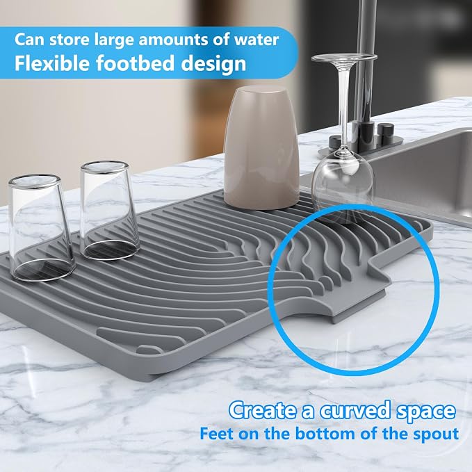 Dish Drying Mat for sink with a bulged edge,18"×12"Silicone Self-Draining | Various sizes and colors,Self-Draining Slope Structure,Enabling faster drying,Heat-Resistant,Easy to clean,Food-grade