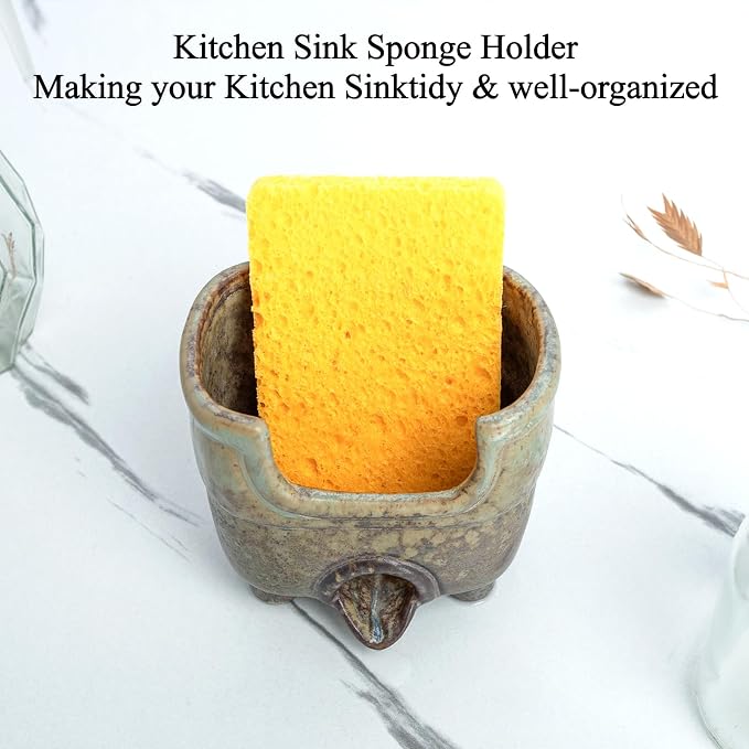 Ceramic Sponge Holder with Drainage, Rustic Farmhouse Sink Caddy Organizer, Self Draining Sponge Dish for Scrubbers, Soap & Brushes, Compact Kitchen Accessory, Keeps Counter Dry (Avocado)