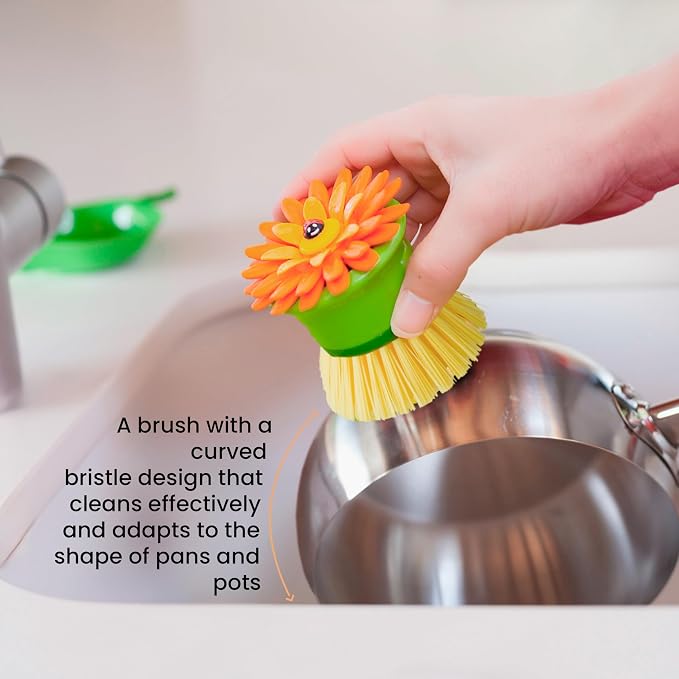 Vigar Flower Power Palm Dish Scrub Brush with Holder, Kitchen Scrub Brush for Dishes, Dish Scrubber, Sink Brush, Dishwashing Brush and Vegetable Scrubber for Household Cleaning - Orange, Green