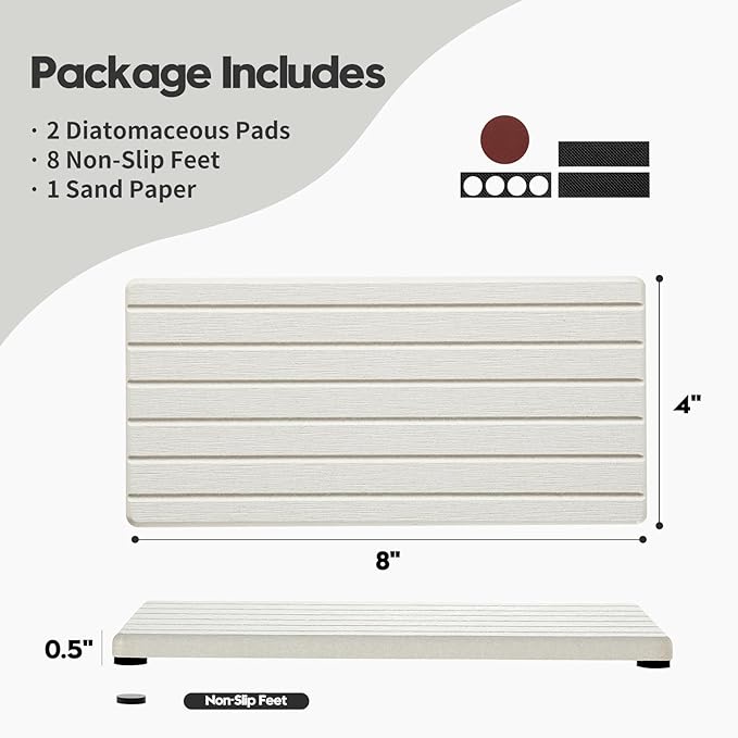 Razborci 2 Pack Greige Bathroom Sink Vanity Trays, Diatomite Stone Kitchen Counter Caddy Dish Soap Dispenser Sponge Holder, Water Absorbing Mat Organizer for Plant,Cosmetic Bottle, Beige, 8"x3.8"