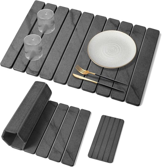 2 PCS Large Stone Dish Drying Mat for Kitchen Counter, 24"×16" Marble Dish Drying Mat with 8"x 4" Coasters, Non - Slip Collapsible Absorbent Mat for Multi - Purpose, Match Any Countertop - Grey