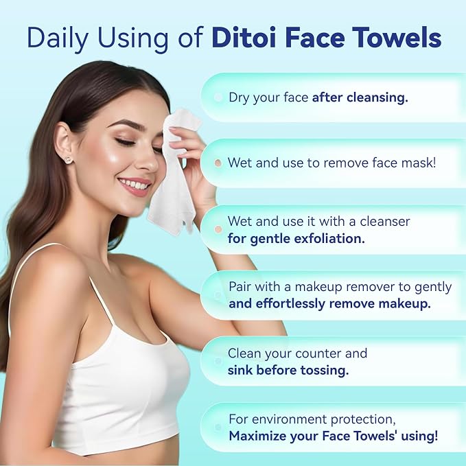 Ditoi Disposable Face Towels XXL, Soft Deep-Cleansing Face cloths,300 Count | Plant-Based Thick Facial Towels for Sensitive Skin,Disposable Washcloths for Skincare,Travel Essentials