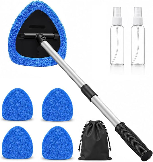 25.5" Extra-Long Reach – Super Absorbent Coral Velvet Windshield Cleaner Tool, Streak-Free Windshield Cleaning Tool Kit with 5 Pads, 2 Spray Bottles & Storage Bag for Auto Glass & Home Windows, Blue