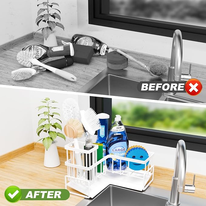 Fikoksol Large Sponge Holder for Kitchen Sink, 90-Degree Sink Caddy Organizer with Dish Brush Holder for Countertop Corner Storage Rack, White Metal L Kitchen Sink Sponge Soap Organizer Storage Ideas