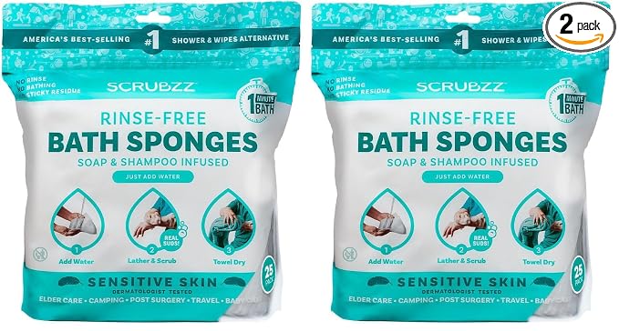 Scrubzz Disposable No Rinse Bathing Wipes for Senstive Skin - 50 Pack - All-in-1 Single Use Shower Wipes, Simply Dampen, Lather, and Dry Without Shampoo or Rinsing (Sensitive Skin, 1-Pack)