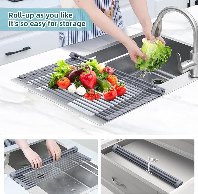 Ohuhu Sink Drying Rack, 20.5" W x 16.1" L Over The Sink Roll-Up Dish Drainer - Rolling Foldable Sink Accessories Heat-Resistant Mat Anti-Slip Silicone Coated Multipurpose for Kitchen Counter