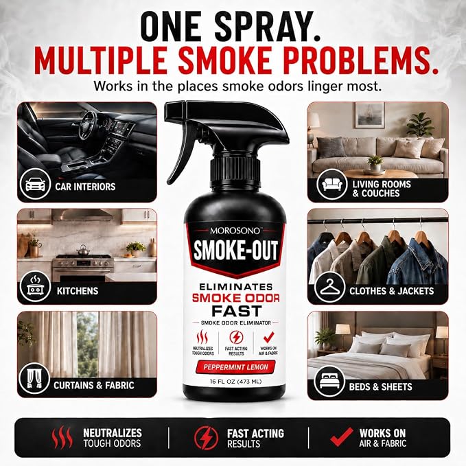Smoke-Out Smoke Odor Eliminator Spray, 16 oz Peppermint Lemon Deodorizer for Car, Home, Clothes, Fabric, Cigarette, Cigar, Pet and Food Odors