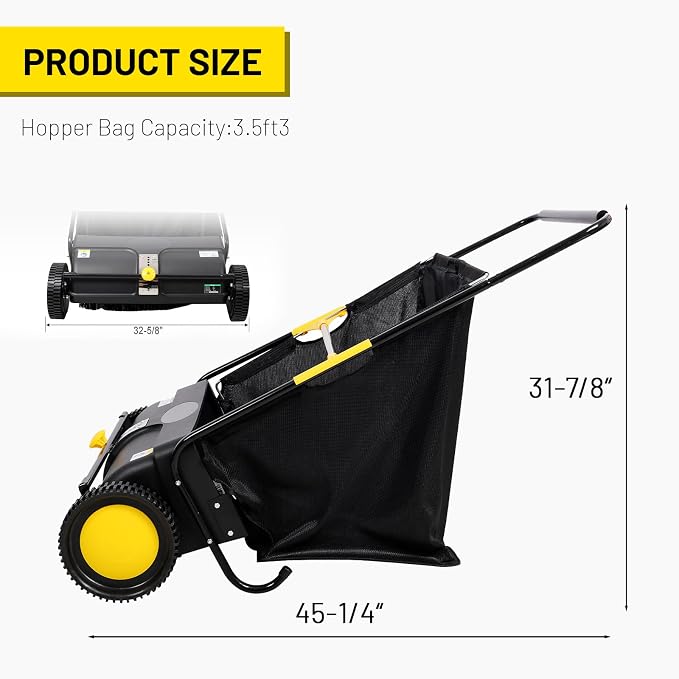 21 Inch Push Lawn Sweeper, Hand Powered Leaf & Grass Sweeper with 7 Cu Ft Hopper, 4 High-Speed Brushes, Height Adjustable, ABS & Steel Frame for Yard Lawn Cleanup (21 Inch Black)