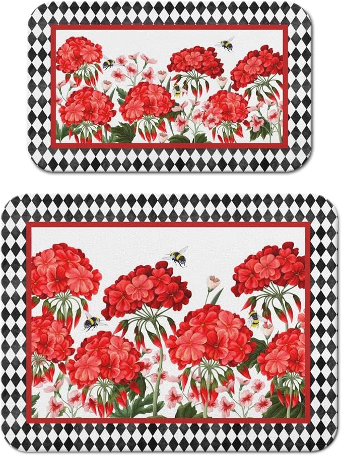 Dish Drying Mat 2-Pack Red Floral Bee Check for Kitchen Counter Dishes | Diatom Mud Mats (18x24, 19.5x12"). Non-slip rubber back for kitchen counter, coffee bar & sink scenes