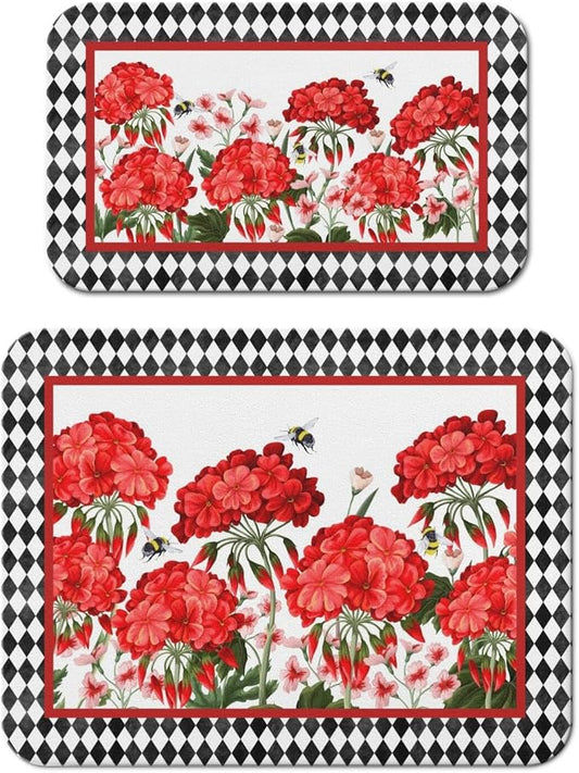 Dish Drying Mat 2-Pack Red Floral Bee Check for Kitchen Counter Dishes | Diatom Mud Mats (18x24, 19.5x12"). Non-slip rubber back for kitchen counter, coffee bar & sink scenes